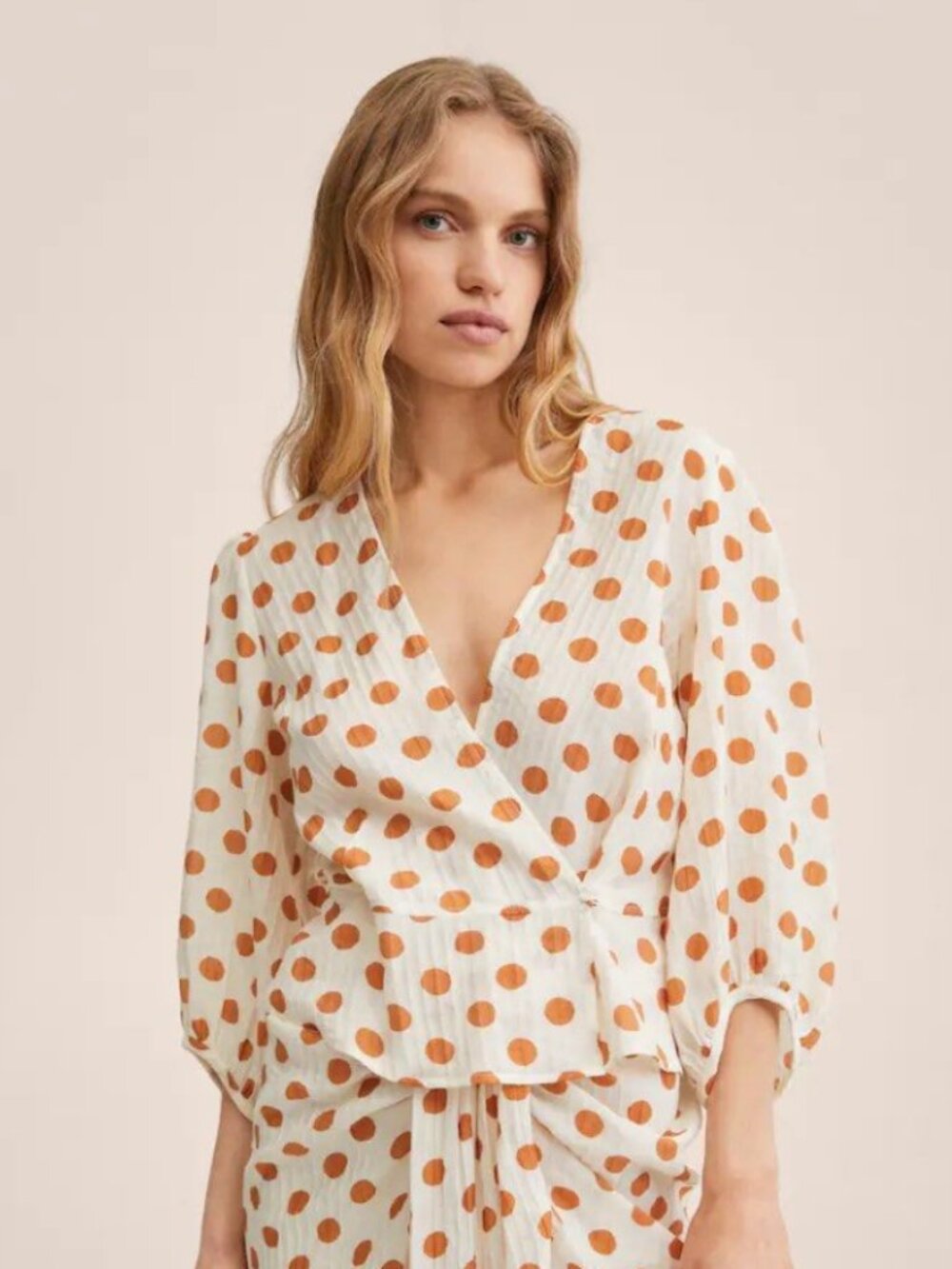 MNG Mango Polka Dot Wrap Top Puff Sleeve Sz M/6